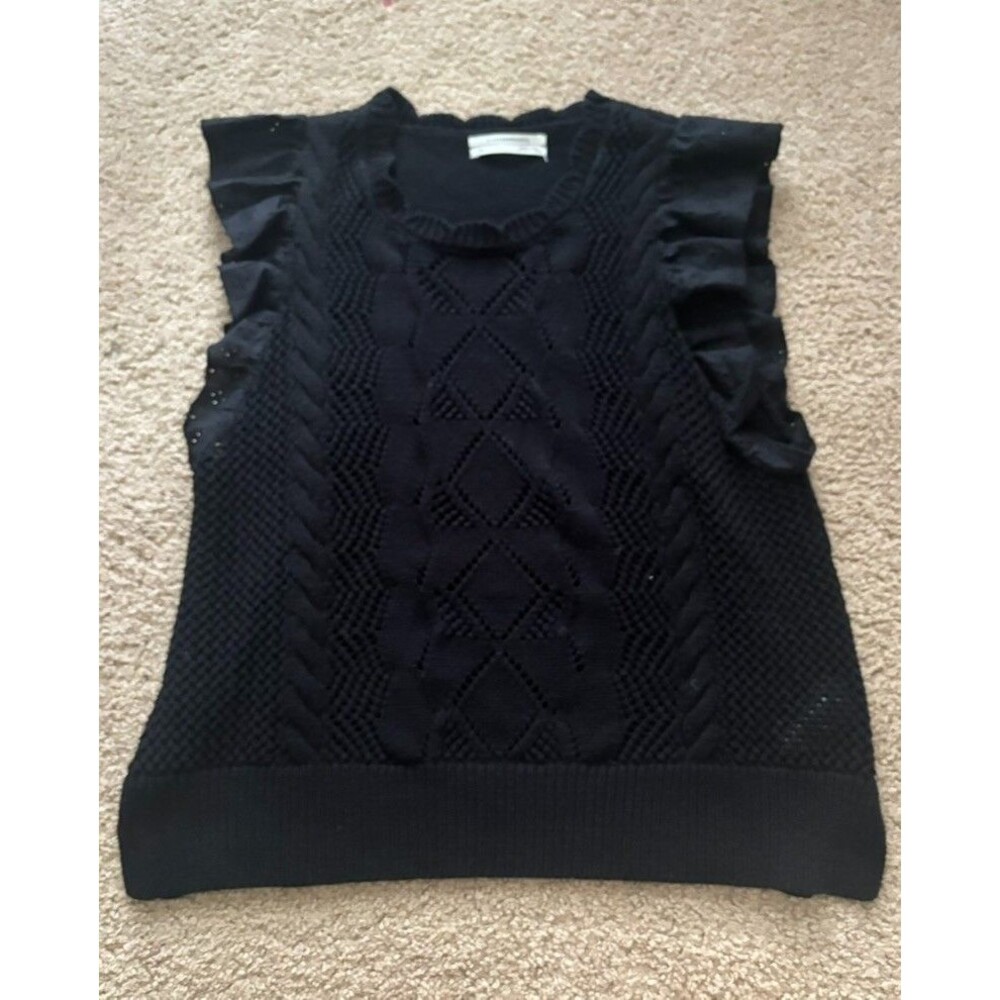 Anthropologie Women’s Black Sweater Vest  Ruffle Trim- Size XS
